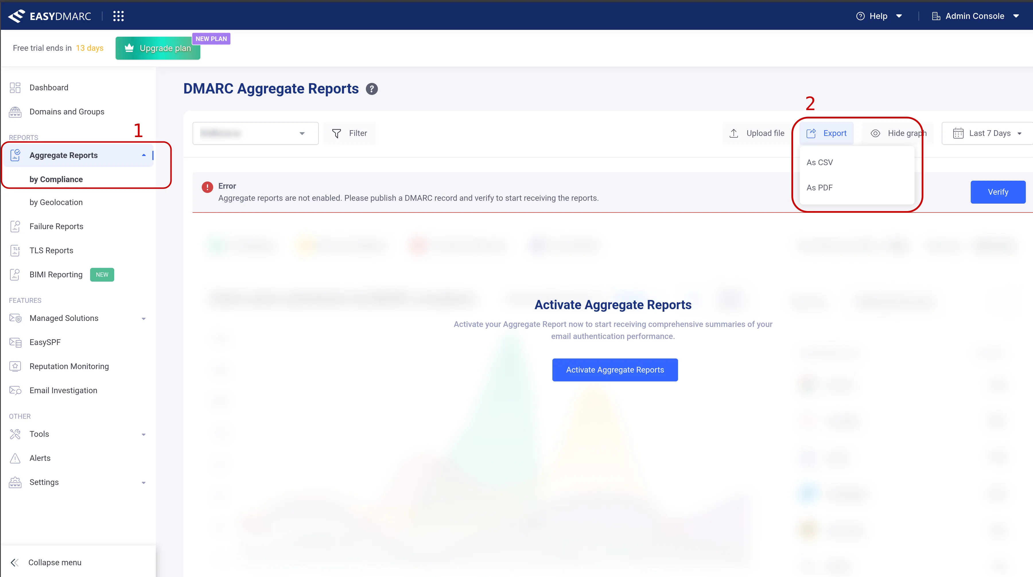 EasyDMARC dashboard export path: Aggregate Reports, by Compliance, Export as CSV