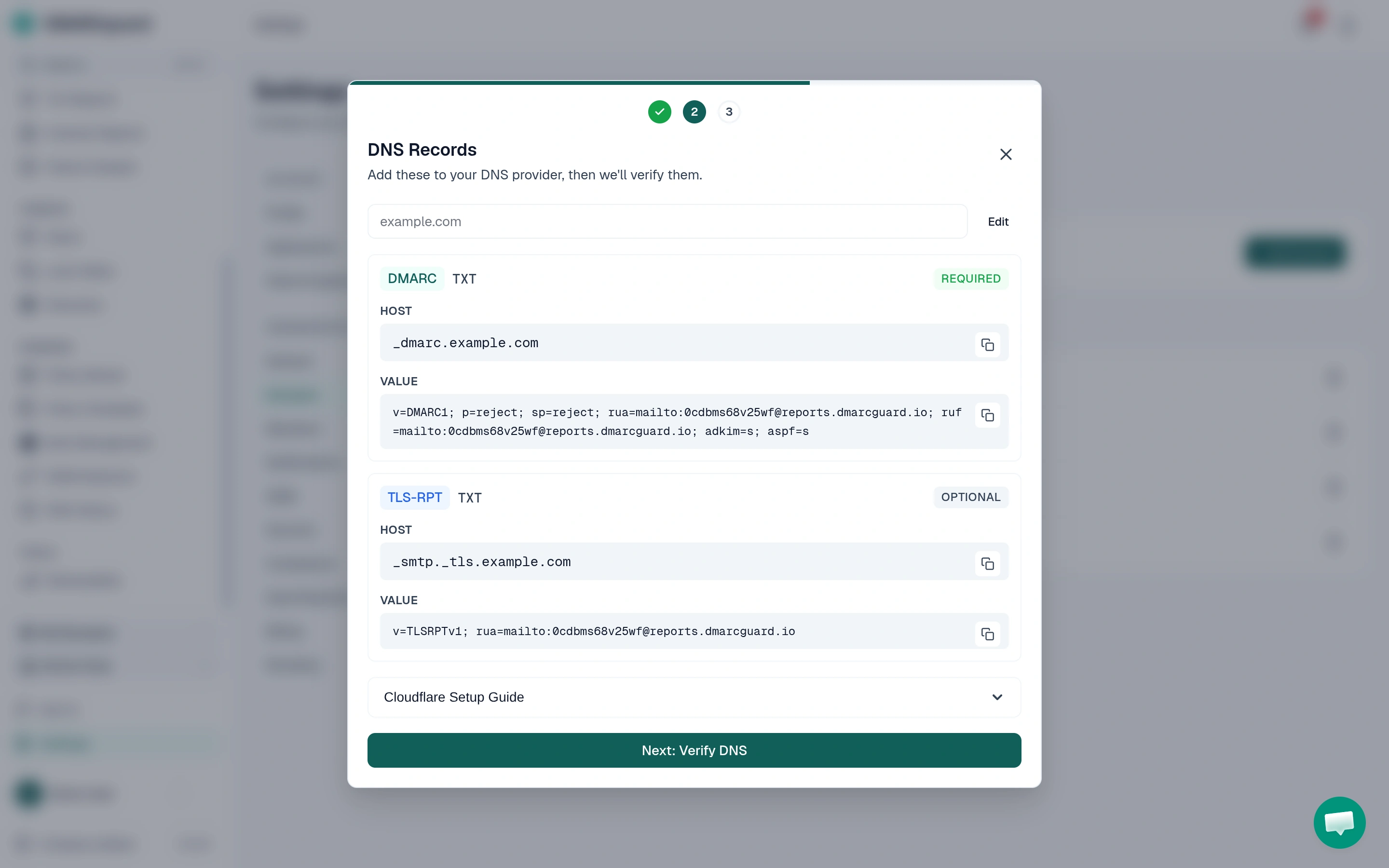 DMARC setup onboarding screen with domain input field and Add Domain button