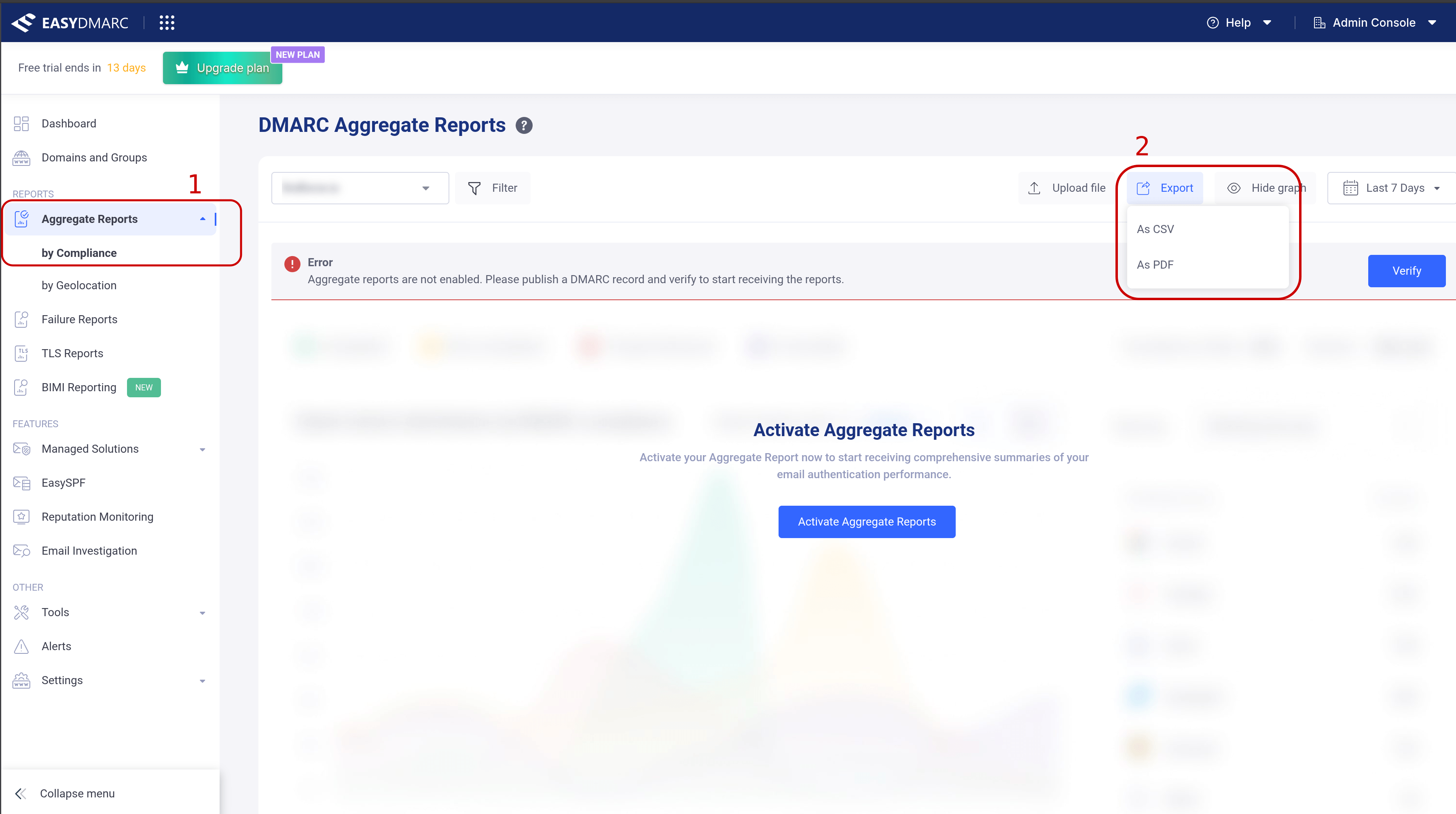 EasyDMARC dashboard export path: Aggregate Reports, by Compliance, Export as CSV